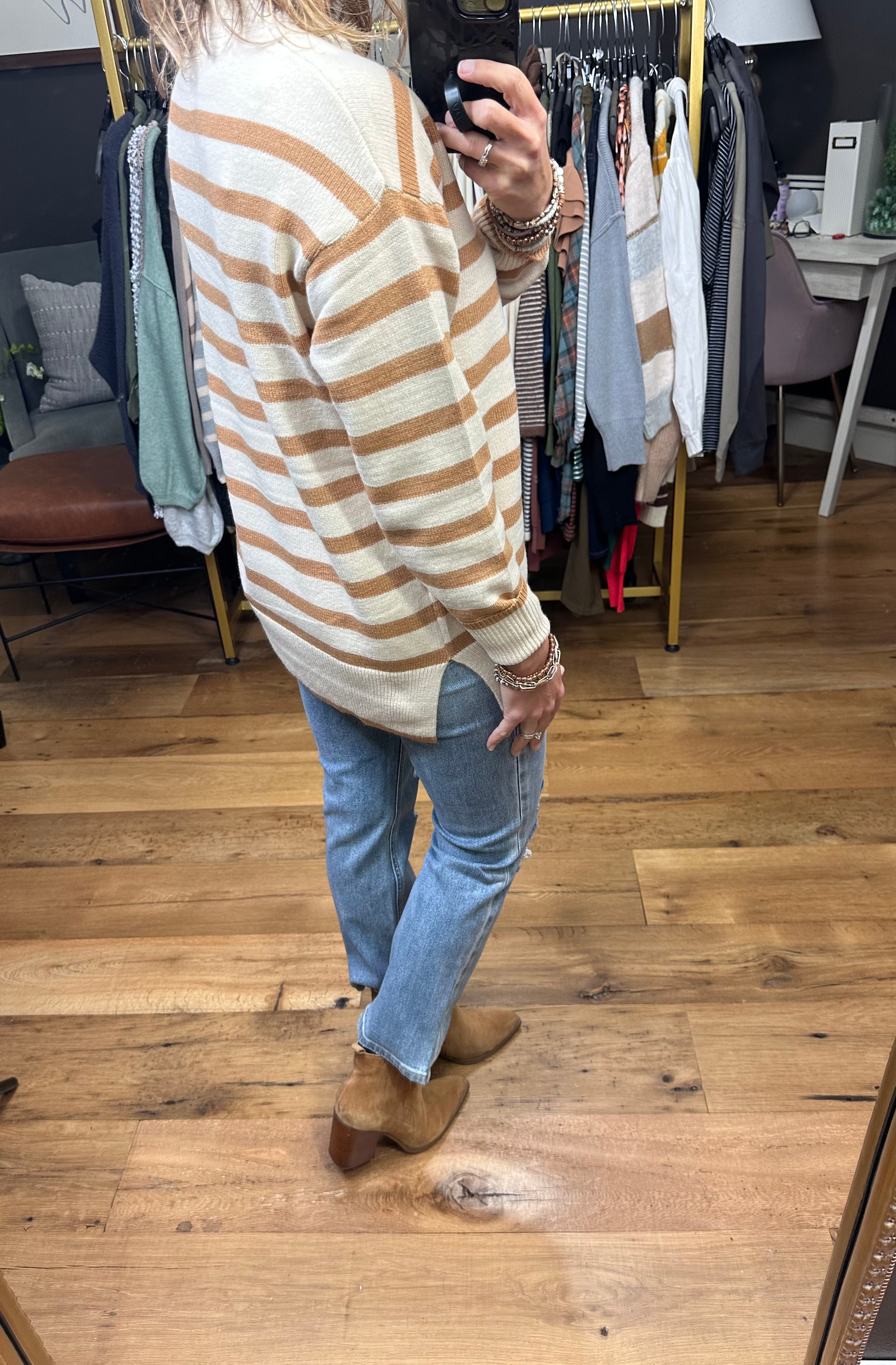 See It That Way Striped Sweater - Camel-Sweaters-Be Cool 64659-ultimatehousebuyers, Women's Fashion Boutique in Grinnell, Iowa