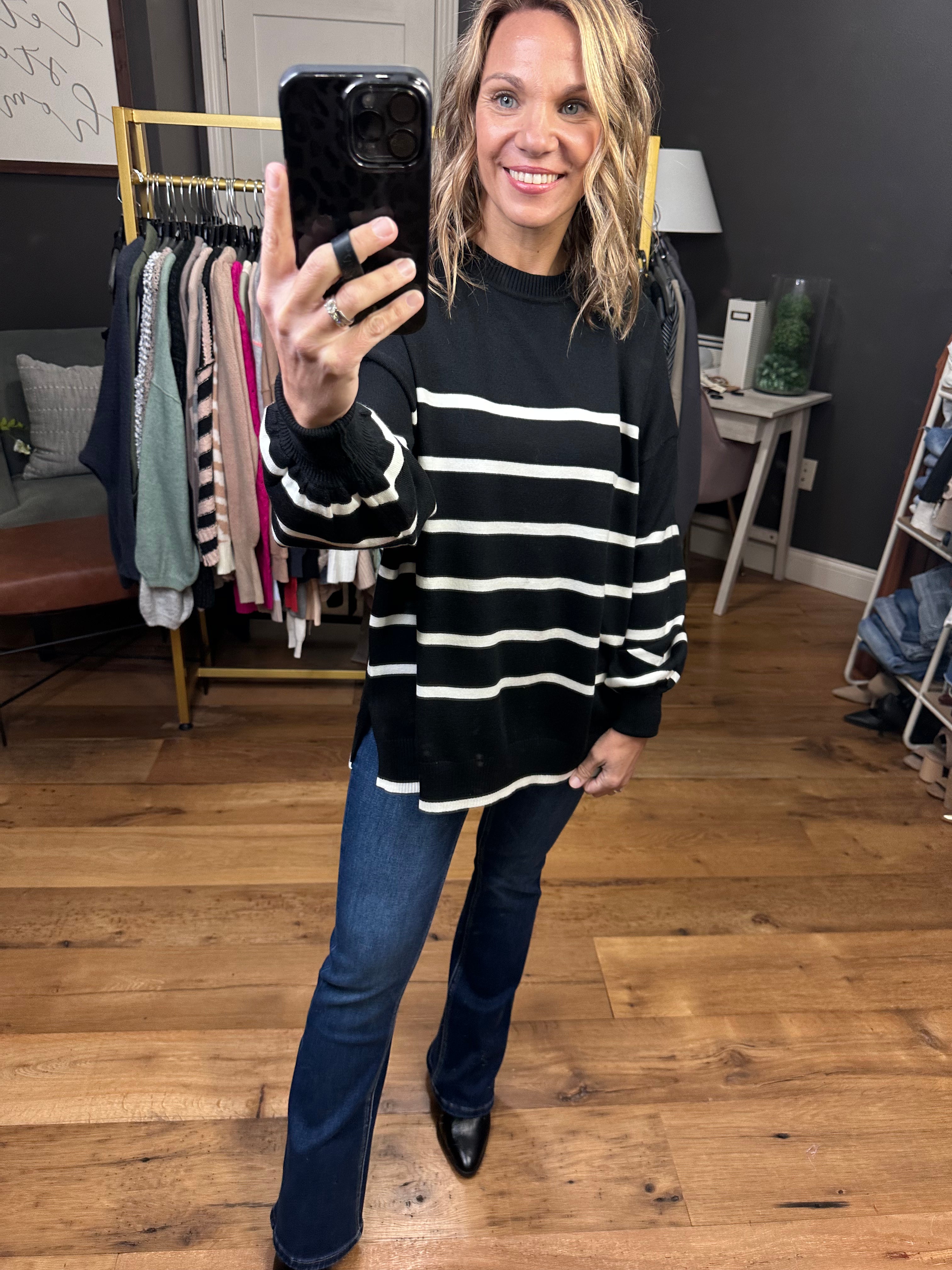 Just The Same Striped Sweater - Black-Sweaters-Vine & Love VT60608-ultimatehousebuyers, Women's Fashion Boutique in Grinnell, Iowa