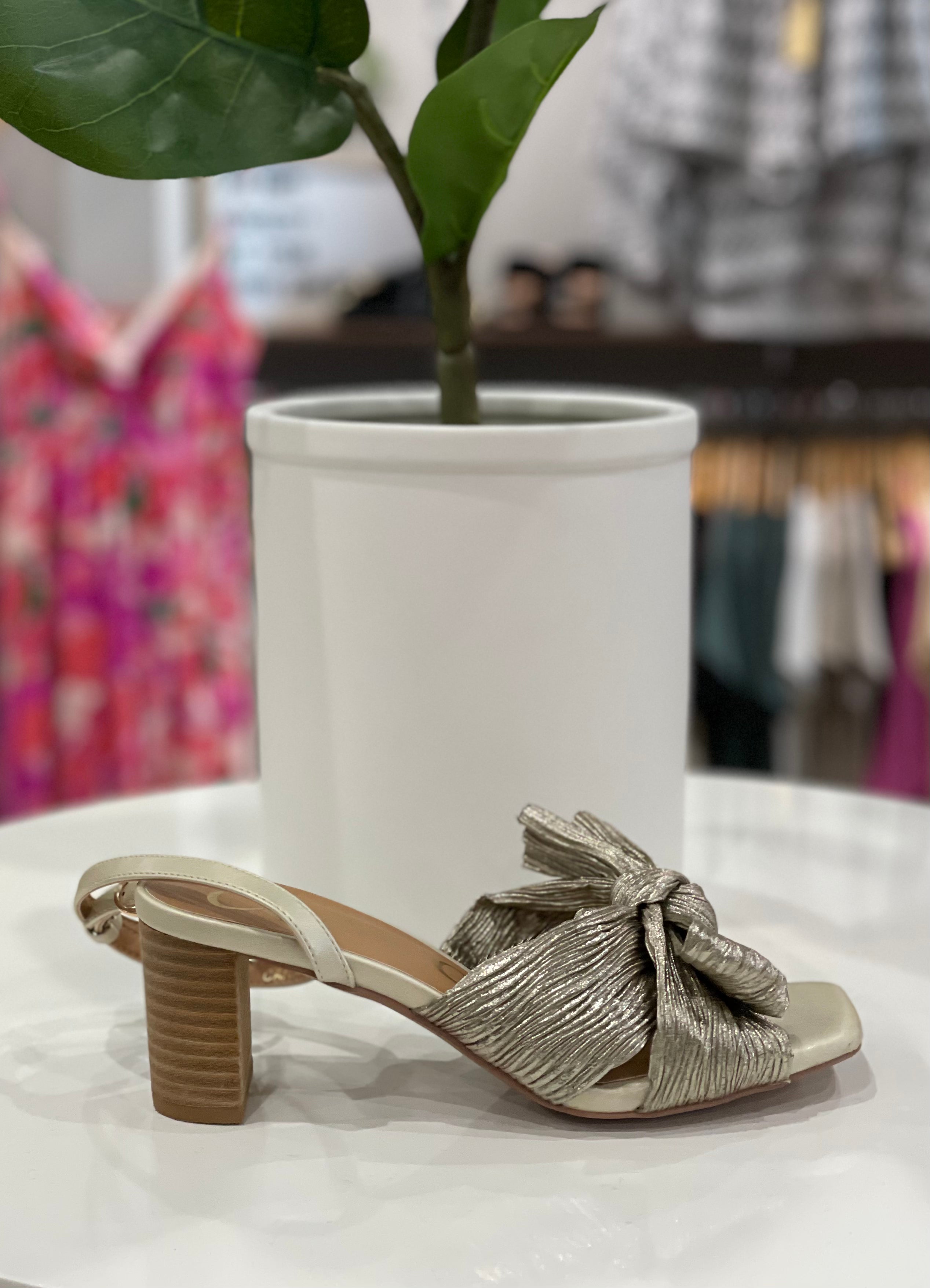 Bebe Pleated Bow Sandal Heel- Bronze-Heels-Ccocci- CARA-ultimatehousebuyers, Women's Fashion Boutique in Grinnell, Iowa